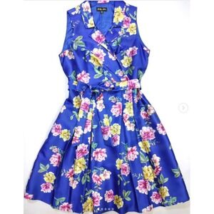 Shelby Nites Women's Blue Floral Print Sleeveless Collared Dress Size 20W